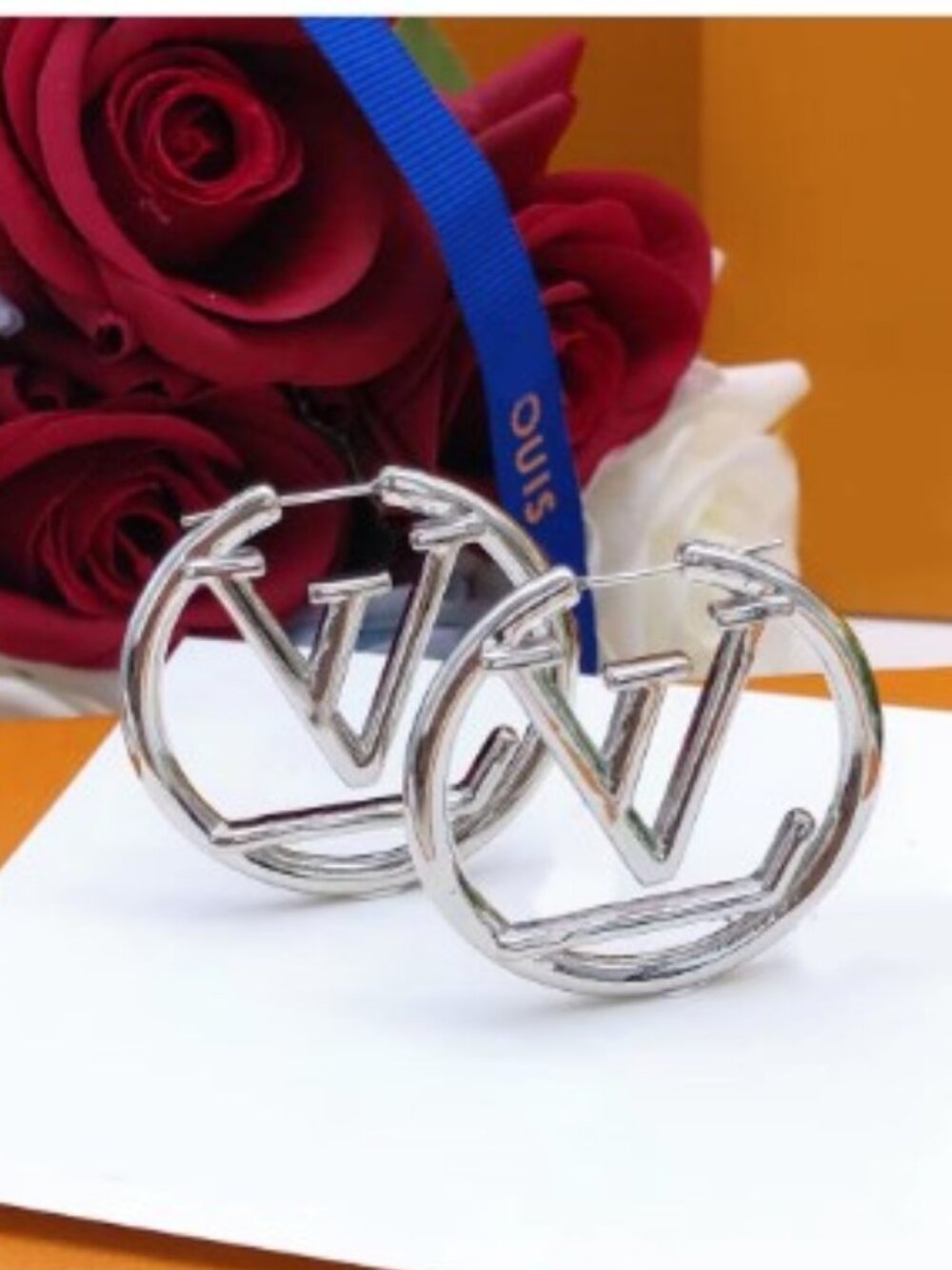 SALE Women's LV Silver Earrings Designer Luxury Hoop Extravagant 3cm NEW - Picture 2 of 3